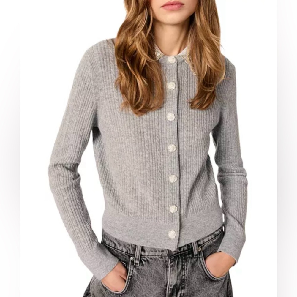 Maje Gray Cardigan with Beaded Collar - Picture 4 of 9